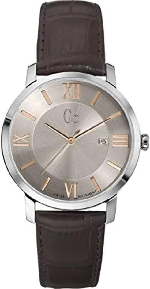 GUESSGc X60016G1S Men's Slim Watch – Silver Case, Beige Dial, Brown Leather StrapWATCHESEcecile