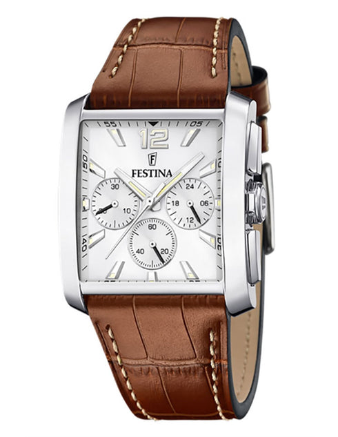 Festina F20636/1 Men’s Timeless Chronograph – Silver Rectangle, Brown Leather 38 mm