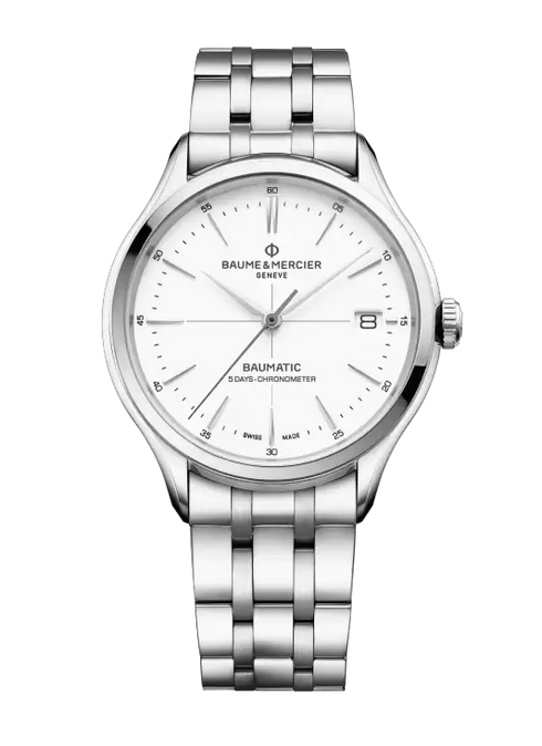 Baume & Mercier Clifton Baumatic MOA10505 Orologio automatico da uomo - Cassa in acciaio inossidabile da 40 mm, quadrante bianco simile alla porcellana, datario, bracciale in acciaio inossidabile