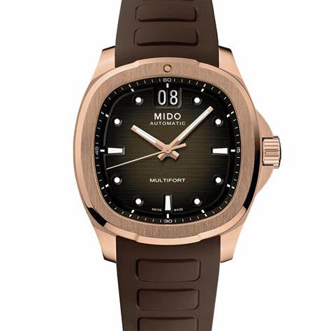 Mido Multifort TV Big Date Men's Automatic Watch – Rose Gold PVD Case, Brown Gradient Dial, Brown Rubber Strap