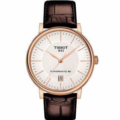Reloj Tissot Carson Premium Powermatic 80 Hombre - Esfera plateada, caja de PVD oro rosa, correa de piel marrón