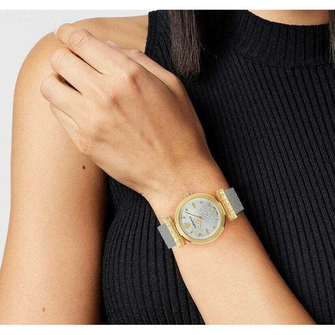 Versace Regalia VE6J00523 Women's Watch - Gold-Tone Stainless Steel Case, Silver Mesh Bracelet, 34mm