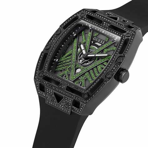 Guess Legend GW0564G2 Men's 44 mm Quartz Watch – Black Case, Translucent Green‑Inlay Dial, Silicone Strap