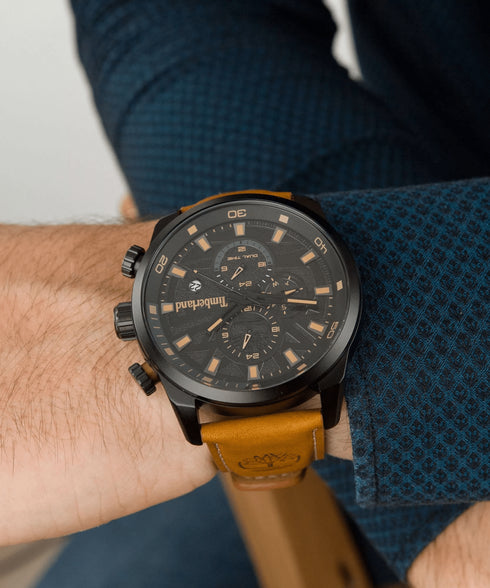 TIMBERLANDTimberland Henniker II TBL14816JLB02 Men's 46mm Black Dial Dual Time Quartz Watch – Brown Leather StrapWATCHESEcecile
