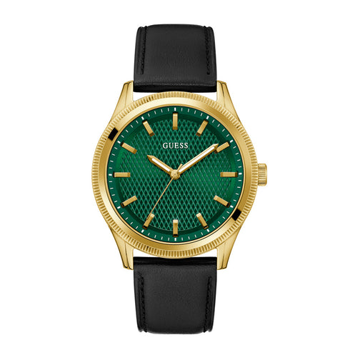 Guess Dex GW0846G1 Men's 44 mm Analog Watch – Gold-Tone Case, Green Textured Dial, Black Leather Strap