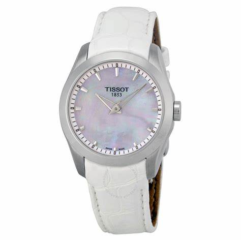 TISSOTTissot Couturier Secret Date Women's Watch - Mother - of - Pearl Dial, Stainless Steel Case, White Leather StrapWATCHESEcecile
