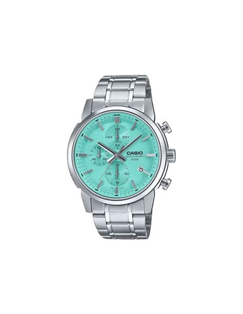 CASIO & VINTAGECasio MTP - E510D - 2AVDF Men's Quartz Chronograph Watch - Turquoise Dial, Stainless Steel BandWATCHESEcecile