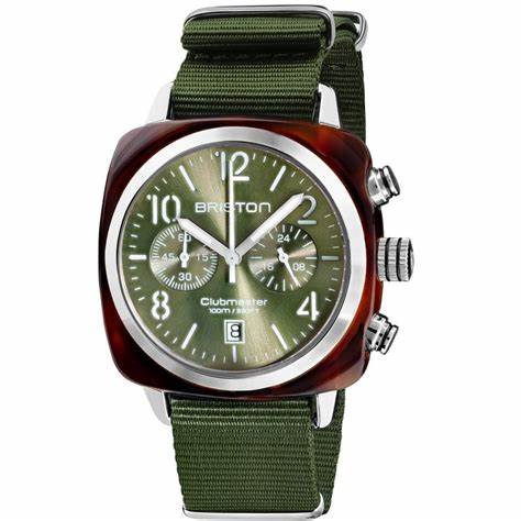 BRISTONBriston Clubmaster Classic Chronograph 40mm Gold Acetate Olive Green Dial Olive Green NATO Strap 19140.SA.T.26.NOLWATCHESEcecile