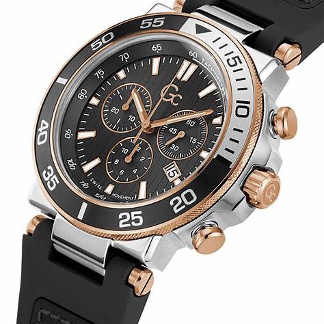GC One Sport Chrono Z14005G2MF Men’s 44 mm Quartz Chronograph – Rose-Gold/Silver Case, Black Dial & Silicone Flex Strap