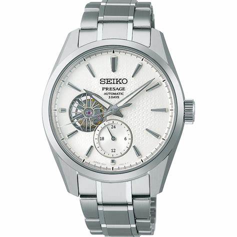 Seiko Presage SPB415J1 Reloj Automático para Hombre - 40.2mm Caja de Acero Inoxidable, Esfera Blanca Texturada, Diseño Corazón Abierto