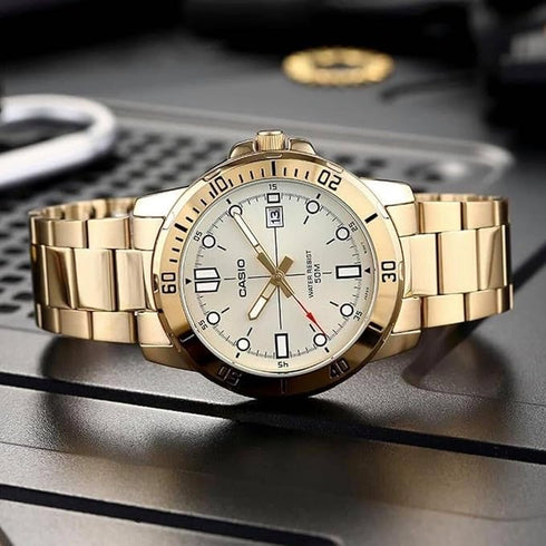 CASIO & VINTAGECasio MTP - VD01G - 9E Men's Gold Analog Watch - 45mm Stainless Steel, Date Indicator, 50m Water ResistantWATCHESEcecile