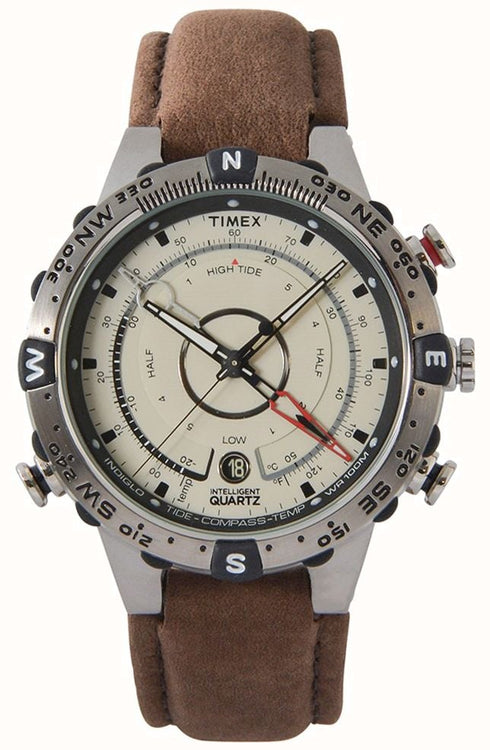 Timex T2N721 Men’s IQ Tide-Temp-Compass 45 mm Leather Strap Watch
