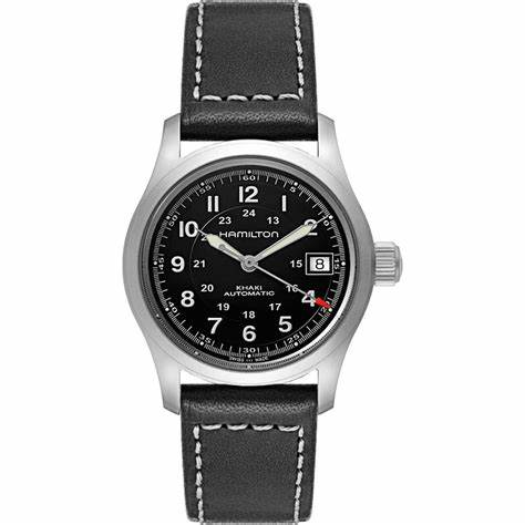 Hamilton Khaki Field Automatic H70455733 - 38mm Acier inoxydable, cadran noir, bracelet en cuir