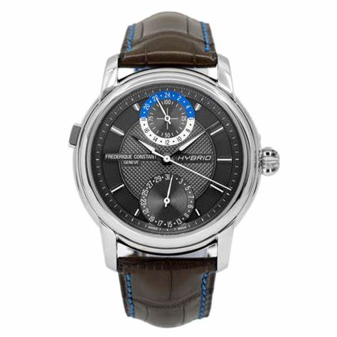Frederique Constant FC-750DG4H6 Hybrid-Manufaktur-Automatikuhr für Herren - dunkelgraues Zifferblatt, Edelstahlgehäuse, schwarzes Lederarmband