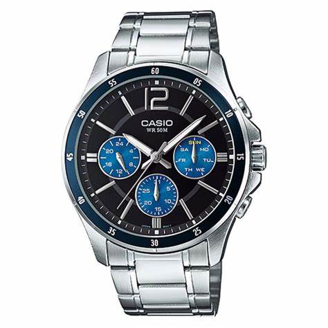 CASIO & VINTAGECasio MTP - 1374D - 2AVDF Men's Stainless Steel Watch – Black Dial, Blue AccentsWATCHESEcecile