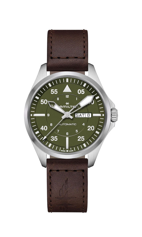 Hamilton Khaki Aviation Pilot Day Date Auto H64635560 - 42mm acier inoxydable, cadran vert, bracelet en cuir brun