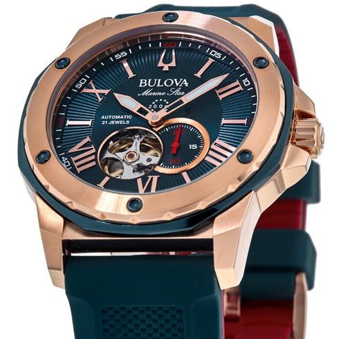 Bulova Marine Star 98A227 Orologio automatico da uomo - Quadrante blu, cassa in oro rosa