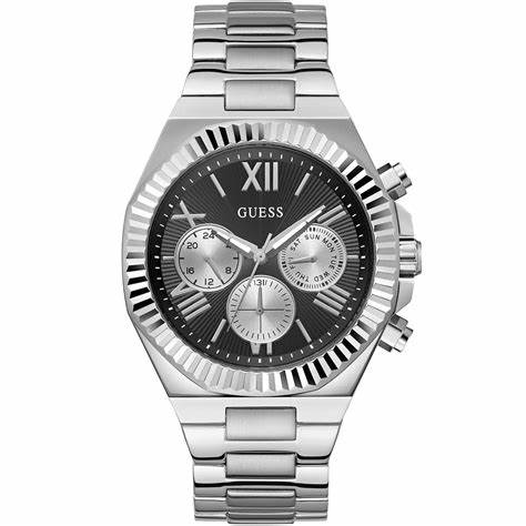 Guess Equity GW0703G1 Men’s 44 mm Quartz Multifunction Watch – Black Sunray Dial, Silver Recycled‑Steel Bracelet, 50 m