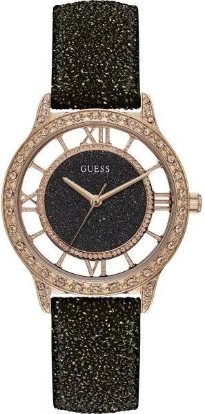 Guess Ethereal W1014L1 – Women’s Rose-Gold Watch, Crystal Bezel, Black Leather