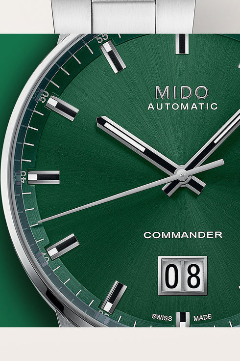 Mido Commander Big Date M021.626.11.091.00 Automatic Men's Watch – Green Dial, Stainless Steel Bracelet