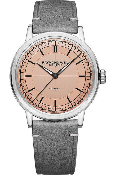 RAYMOND WEILRaymond Weil Millesime 39.5mm Automatic Watch - Salmon Dial, Grey Leather StrapWATCHESEcecile