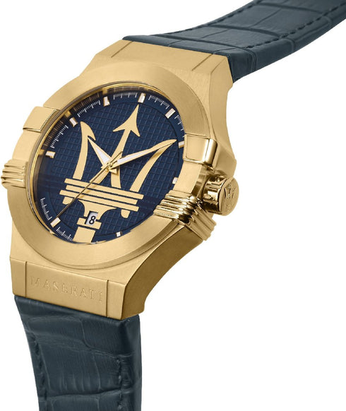 Maserati Potenza R8851108035 Men’s Quartz Watch – Gold‑Tone, Blue Leather