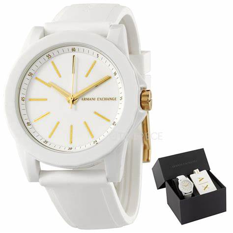 A|X ARMANI EXCHANGEArmani Exchange AX7126 Women's Quartz Watch Set - White Silicone Strap, Luggage Tag IncludedWATCHESEcecile