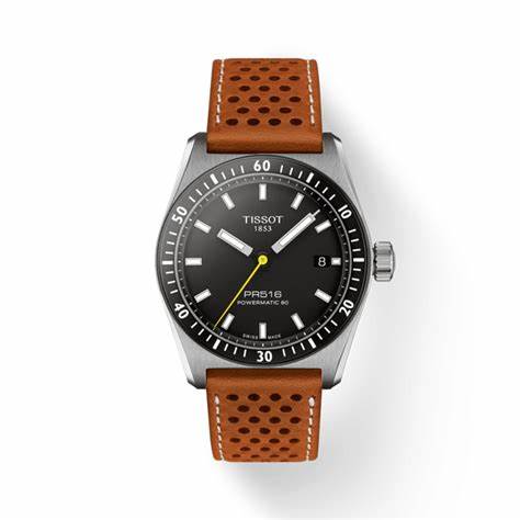 Tissot PR516 Powermatic 80 T149.407.16.051.00 Reloj automático para hombre - Caja de acero inoxidable de 38 mm, esfera negra, correa de piel marrón