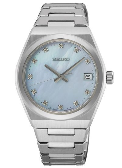 SEIKOSeiko SUR603P1 Women's Watch – 34mm Stainless Steel, Blue Mother - of - Pearl Dial, Diamond MarkersWATCHESEcecile