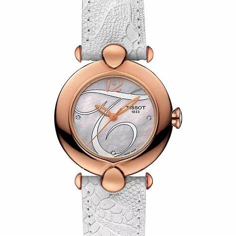Tissot T-Gold T9182107611601 Reloj de señora - Caja de oro rosa de 18 quilates, esfera de nácar, correa de piel blanca