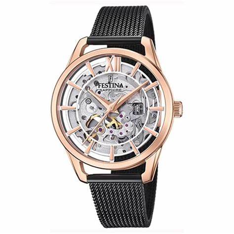 FESTINAFestina F20628/3 Women's Skeleton Automatic Watch – Rose Gold Case, Black Milanese StrapWATCHESEcecile
