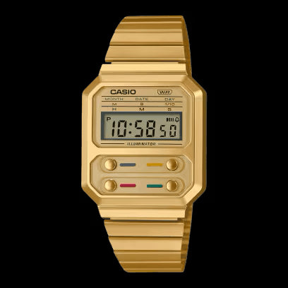CASIO & VINTAGECasio A100WEG - 9AEF Vintage Digital Watch – Gold Resin Case, Stainless Steel BandWATCHESEcecile