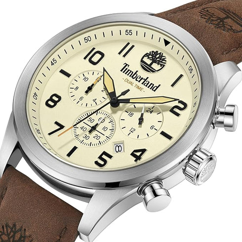 TIMBERLANDTimberland TDWGF0009703 Ashmont Dual Time Chronograph Men's Watch – 46mm Silver Stainless Steel Case, Beige Dial, Brown Leather Strap, Quartz Movement, 5 ATM Water ResistanceWATCHESEcecile