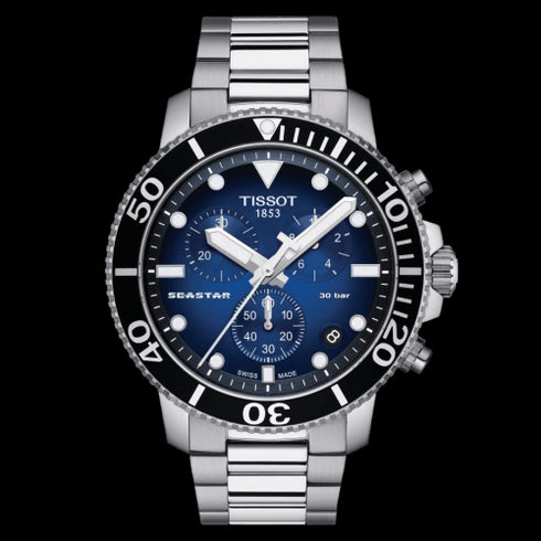 TISSOTTissot Seastar 1000 Chronograph T120.417.11.041.01 Men's 45.5mm Quartz Watch – Gradient Blue Dial, Stainless Steel Bracelet, 300m Water ResistanceWATCHESEcecile