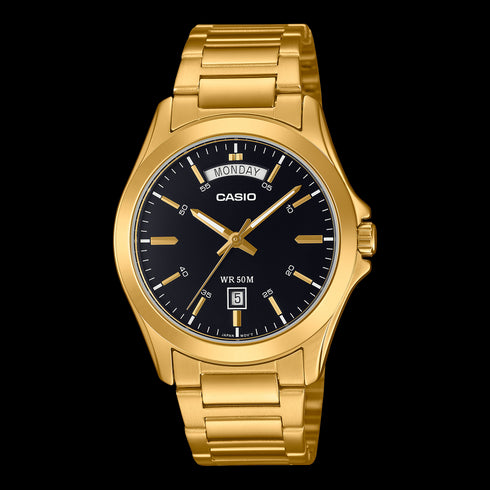 Reloj Casio MTP-1370G-1AVDF para hombre: dorado, esfera negra, día y fecha