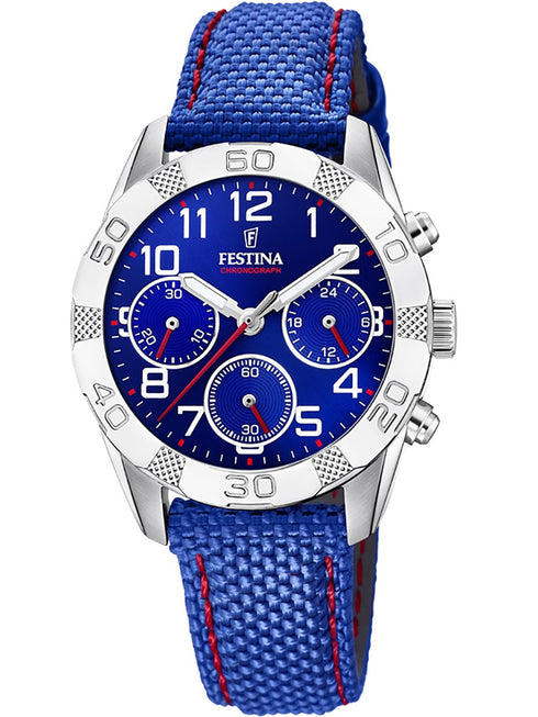 FESTINAFestina F20346/2 Junior Chronograph Watch – Blue Dial, Nylon Strap, 36mmWATCHESEcecile