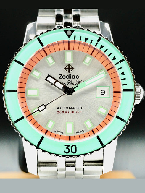 ZODIACZodiac Super Sea Wolf Compression ZO9269 Men's Automatic Watch - Silver and Orange Dial, Stainless Steel BraceletWATCHESEcecile