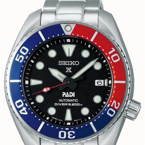 Seiko Prospex SPB181J1 Reloj de buceo automático para hombre - Edición especial PADI, esfera negra, bisel Pepsi, brazalete de acero inoxidable