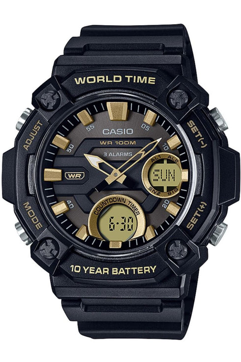 CASIO & VINTAGECasio AEQ - 120W - 9AVDF Men's Analog - Digital Watch – Black Resin Band, Gold DialWATCHESEcecile