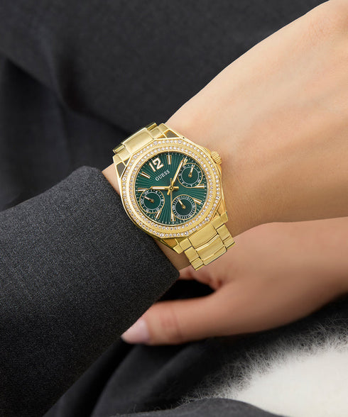 Guess GW0685L5 Women’s Ritzy Multi-Function Gold Watch – Green Dial, Crystal Bezel
