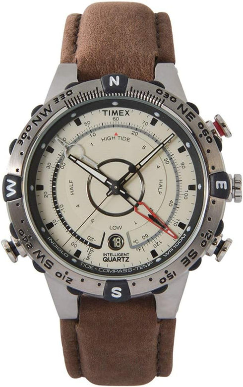 Timex T2N721 Men’s IQ Tide-Temp-Compass 45 mm Leather Strap Watch