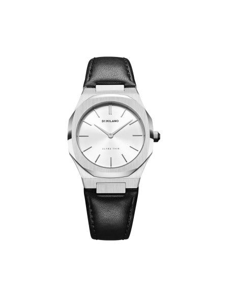 Reloj de mujer D1 Milano Ultra Thin Leather Pearl D1-UTLL13 - Acero inoxidable plateado, esfera blanca, correa de piel negra, 34mm
