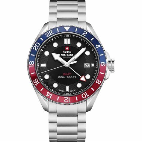 SWISS MILITARYSwiss Military SM34095.01 Men's GMT Quartz Watch - Stainless Steel with Black DialWATCHESEcecile