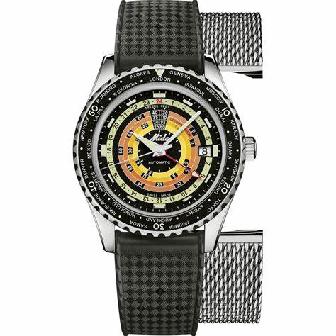 Mido Ocean Star Decompression Worldtimer M026.829.17.051.00 Montre automatique pour hommes - cadran noir, bracelet en acier inoxydable