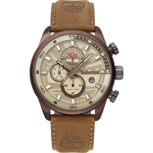 TIMBERLANDTimberland Henniker II TBL14816JLBN07 Men's 46mm Beige Dial Dual Time Quartz Watch – Brown Leather StrapWATCHESEcecile