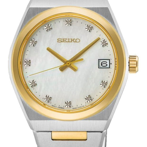 SEIKOSeiko SUR604P1 Women's Quartz Watch – 34mm Two - Tone Steel, MOP Dial, Diamond MarkersWATCHESEcecile
