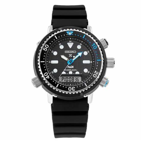 Seiko SNJ035P1 Reloj de buceo Prospex PADI Solar para hombre - Esfera negra, correa de silicona negra