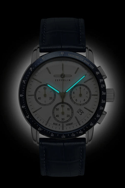 ZEPPELINZeppelin New York Chronograph 8878 - 1 Men's Watch - Silver Dial, Blue Leather StrapWATCHESEcecile