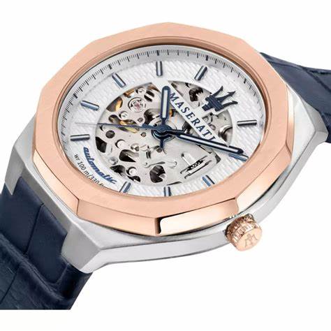 Maserati Stile Automatikuhr - R8821142001, Skelettiertes Zifferblatt, blaues Lederarmband, 42 mm