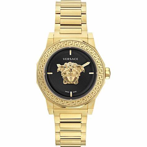 Versace Medusa Deco VE7B00623 Women's Watch - Gold-Tone Stainless Steel, Black Guilloché Dial, 38mm
